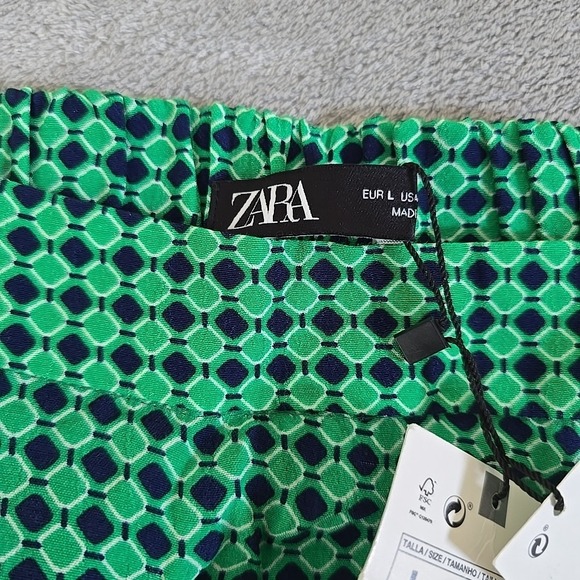 Zara Pants Womens Large Green Blue Flowy Geometric Print Trouser Casual Classic - Picture 2 of 8